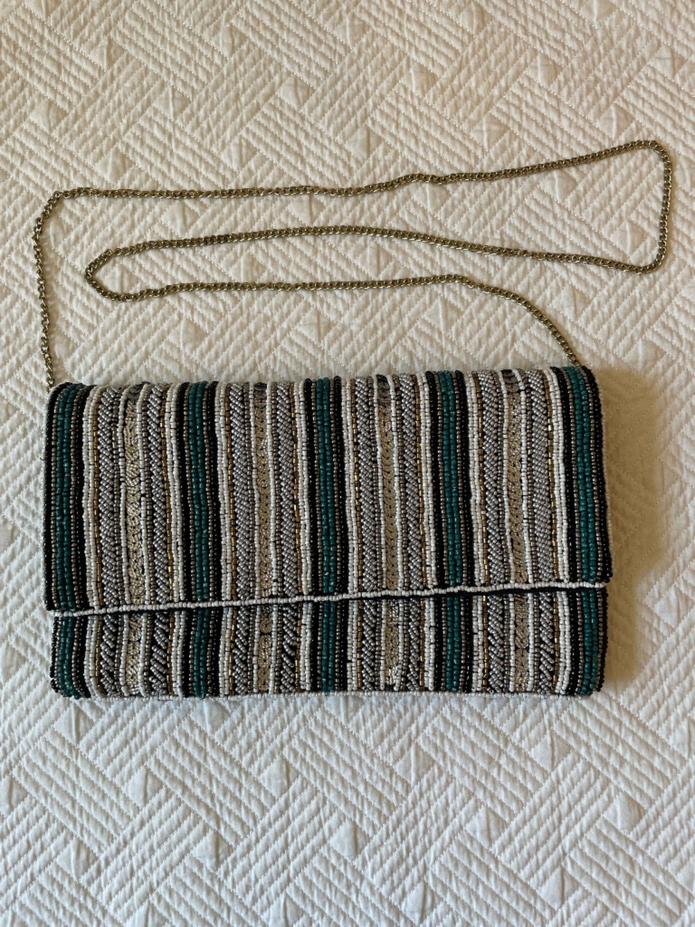 Beaded teal/silver/gold stripped clutch crossbody with optional gold chain strap - Picture 1 of 12